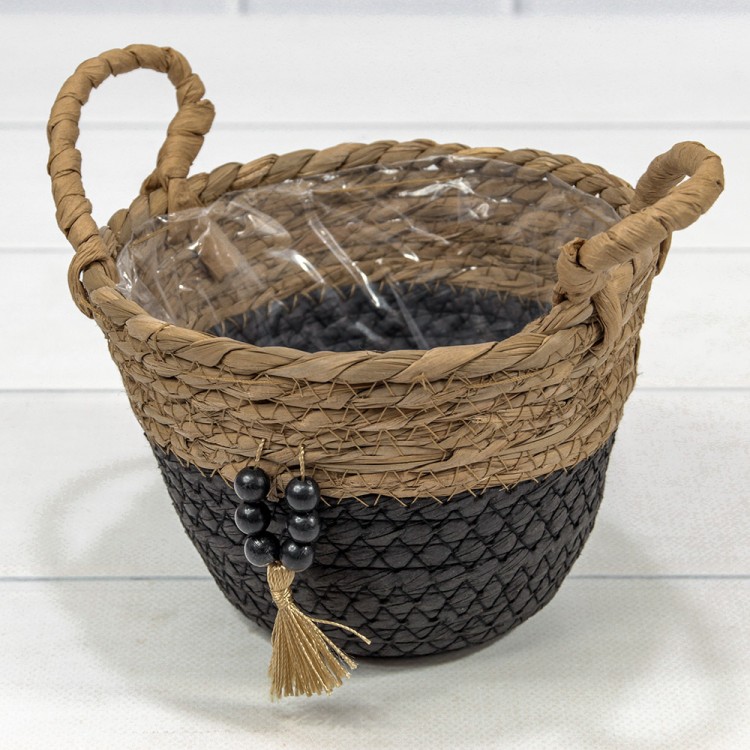 420125/8 Корзина плетёная Круглая 15*12 (±5%) из камыша и бумаги с ручками Натуральный/Чёрный 1/96 420125/8 Корзина плетёная Круглая 15*12 (±5%) из камыша и бумаги с ручками Натуральный/Чёрный 1/96