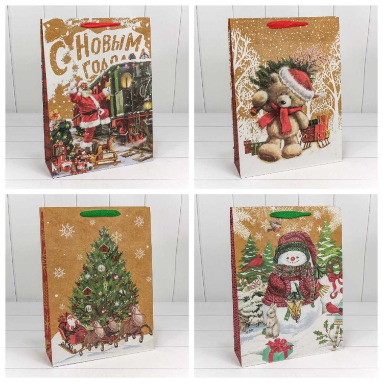 300367A Пакет подарочный Крафт "Новогодний" (микс) 33*45*11 150г 1/20 1/240