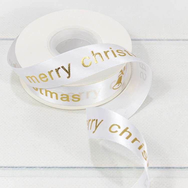 540-25/1 Лента Атласная Полиэстер "Merry Christmas" 2,5см*25ярд Белый 1/5 1/100