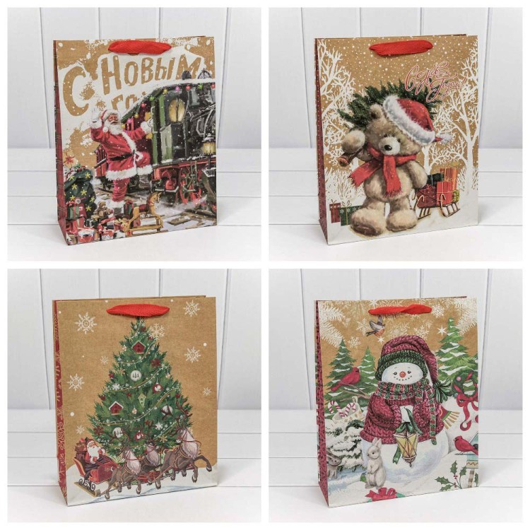 300367C Пакет подарочный крафт "Новогодний" (микс) 26*32*10 см 1/20 1/360
