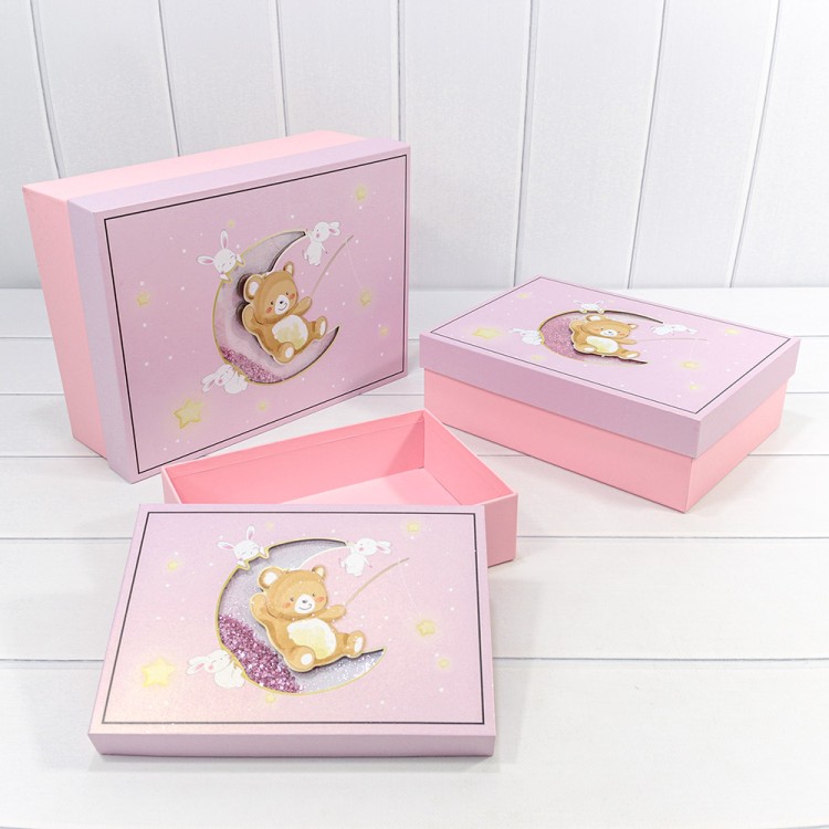 720-860/1 Коробки Прямоугольные Набор 1/3 33,5*25*11,5 "Мишка" Розовый 1/12