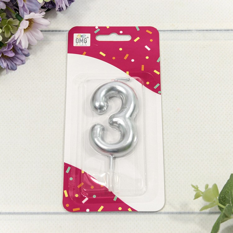 20014/3 Свеча для торта Цифра 3 Серебряный 6см 1/12 1/120