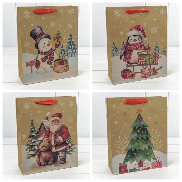 300432C Пакет подарочный Крафт "Новый год" (микс 432) 26*32*10 150г 1/20 1/360