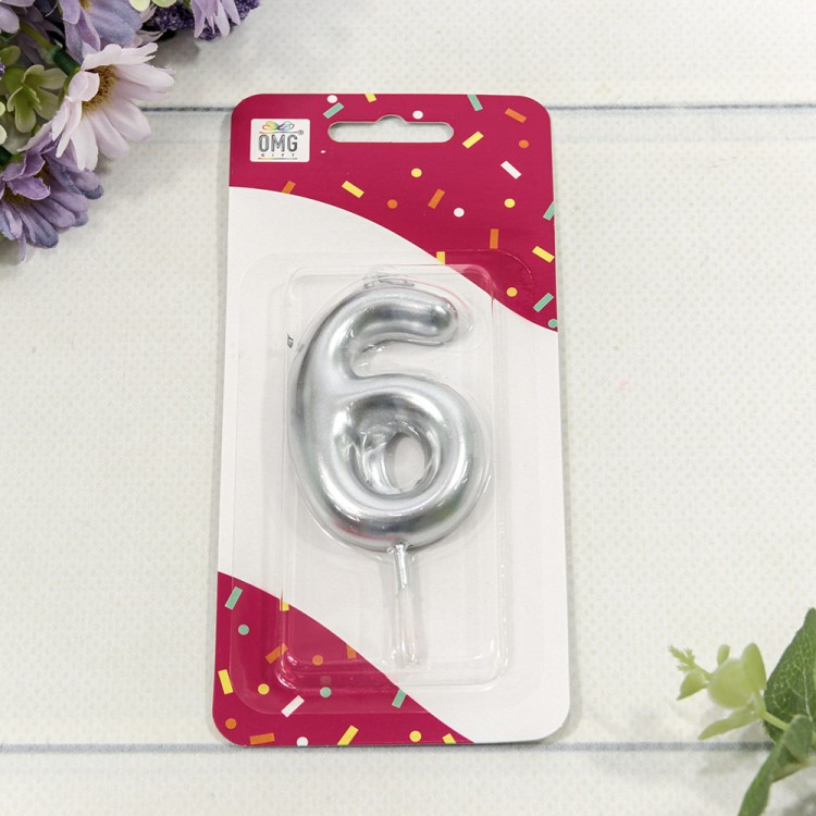 20014/6 Свеча для торта Цифра 6 Серебряный 6см 1/12 1/120