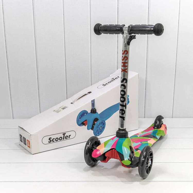 000200-300 Самокат детский 3-х колёсный со светящимися колесами с принтом (ассортимент) 1/12